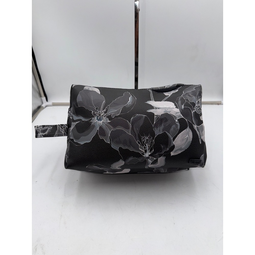 Periea Grey Floral Faux Leather Makeup Toiletry Travel Organizer Bag Case